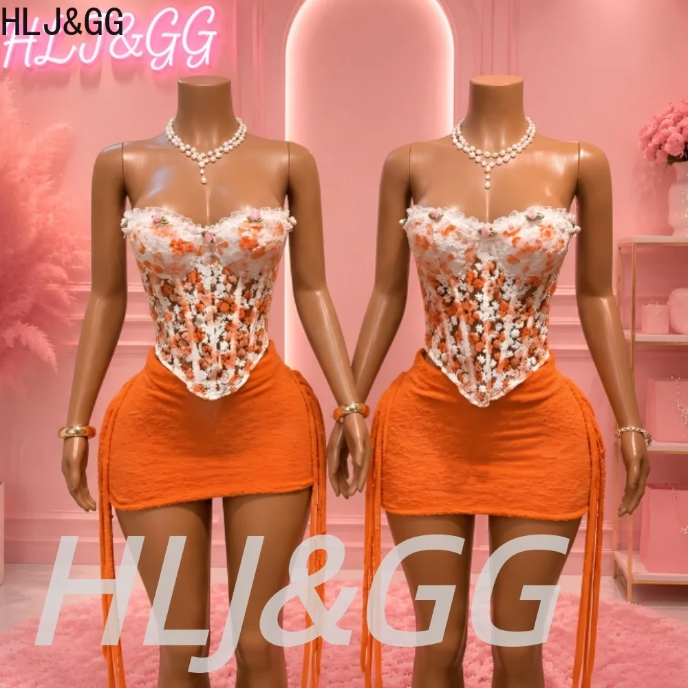 HLJ&GG-Conjunto de dos piezas con corsé bordado de flores y encaje para mujer, Top ajustado con hombros descubiertos y minifaldas con borlas, ropa de calle