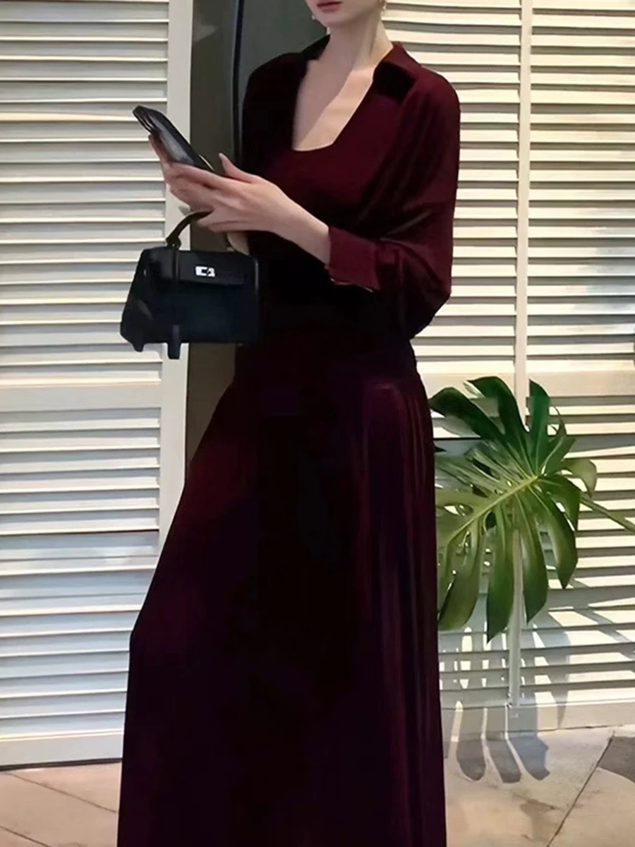TWOTWINSTYLE, vestidos lisos con pliegues empalmados y sentido del diseño para mujer, Túnica de manga larga con solapa, vestido falso de dos piezas a la moda para mujer