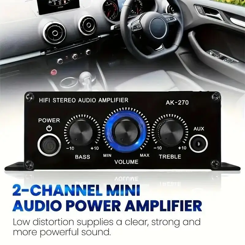 AK270 Mini Amplificador de Audio de 12V para Auto, Amplificador de Sonido Digital para Casa y Auto, Canal 2.0, Amplificador de Potencia, Compatible con Agudos y Bajos, Entrada AUX