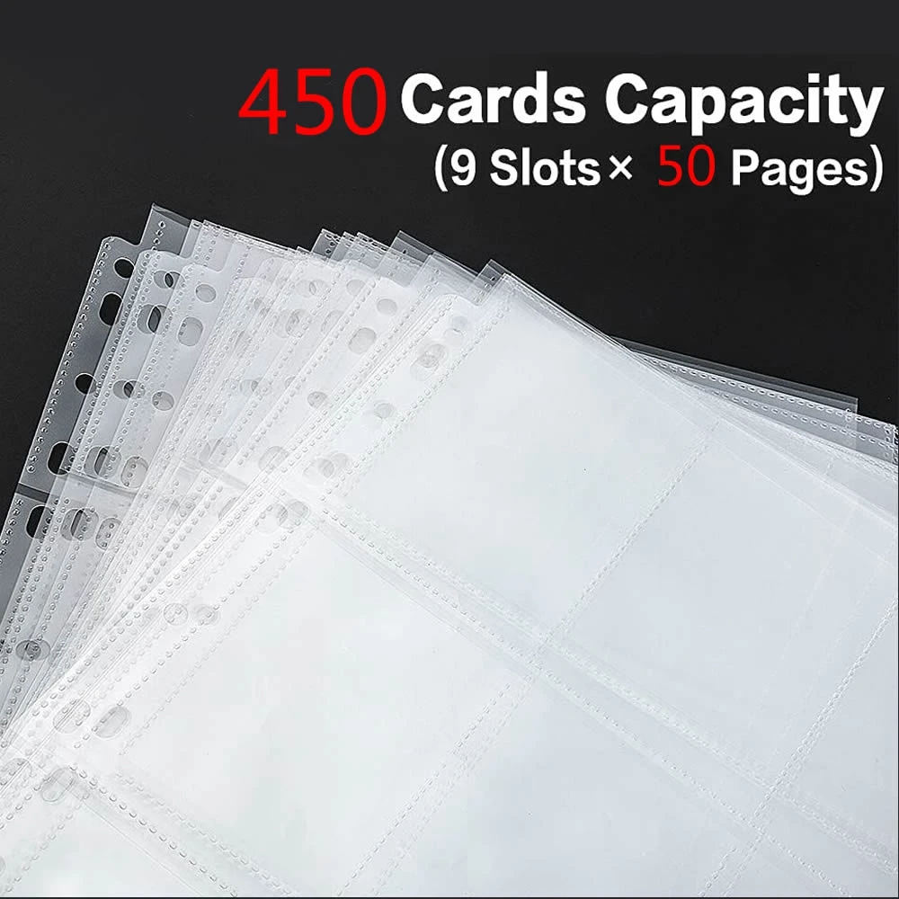 Fundas para álbum de tarjetas comerciales de un solo lado, 450 bolsillos, protectores de juego de plástico transparente con 9 bolsillos, tarjetas de béisbol de Pokémon, 50 páginas