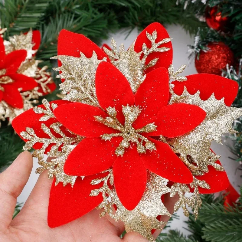 Flores Artificiales de Poinsettia Rojas Doradas Brillantes, Árbol de Navidad Artificial, Flores Falsas con Purpurina, Adornos Florales para Fiestas y Hogar