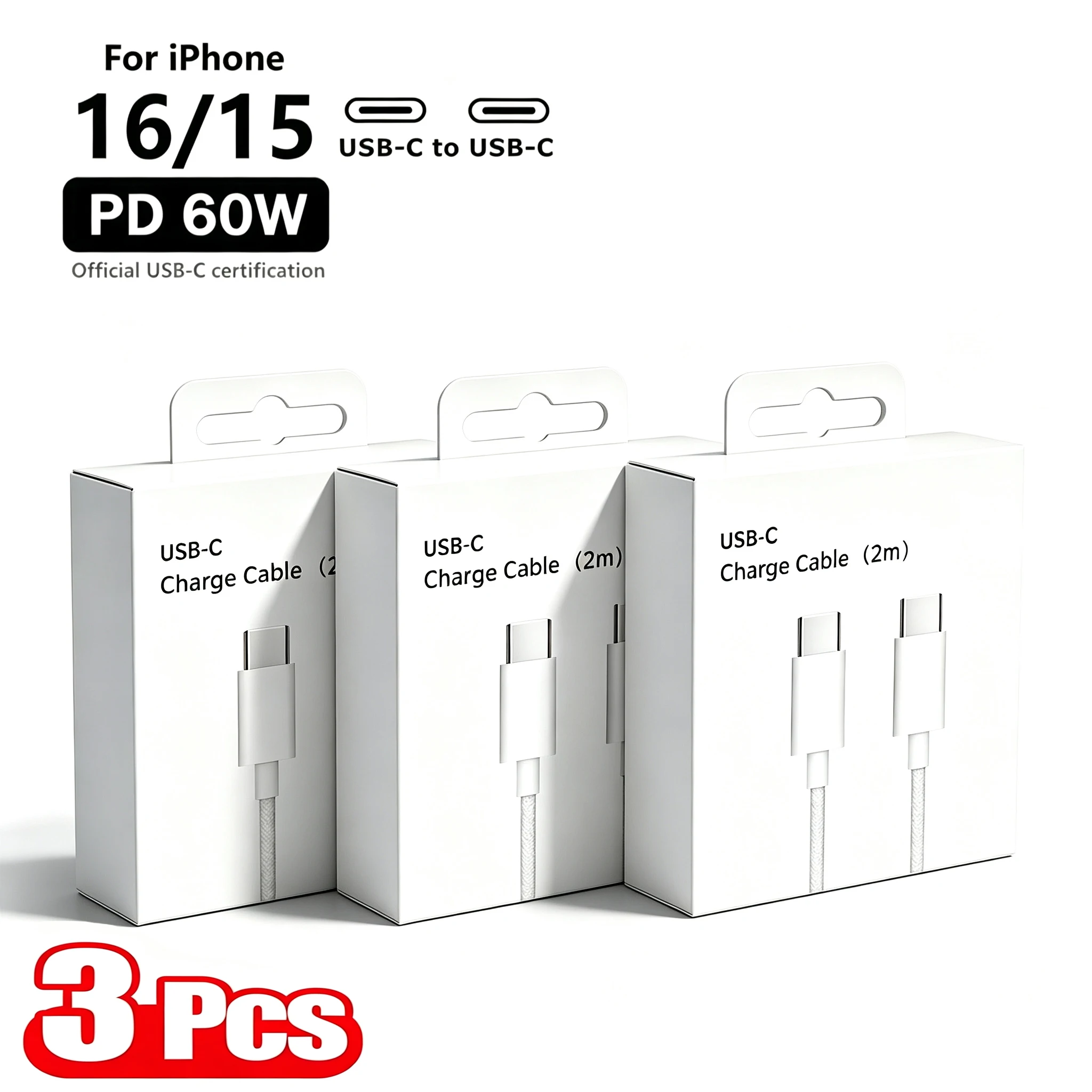 3 Cables USB Tipo C a C de 60W, 1m y 2m, para iPhone 15, 16, 17 Pro Max, iPad, Samsung, Vivo, Cargador de Datos, Carga Rápida PD de 60W, Original USBC