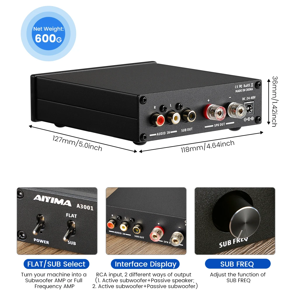 Amplificador de Subwoofer AIYIMA Audio A3001 TPA3255, Amplificador de Altavoz HIFI de 300W, Amplificador de Sonido Mono, Amplificador de Potencia Clase D, Amplificador de Audio para el Hogar