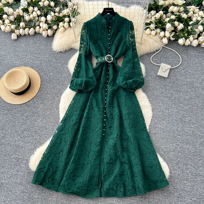 Vestido Largo de Encaje Elegante de Alta Gama para Mujer, Estilo Francés con Flores y Cierre de un Solo Botón, Ideal para Fiestas de Cumpleaños, Primavera/Otoño, S89