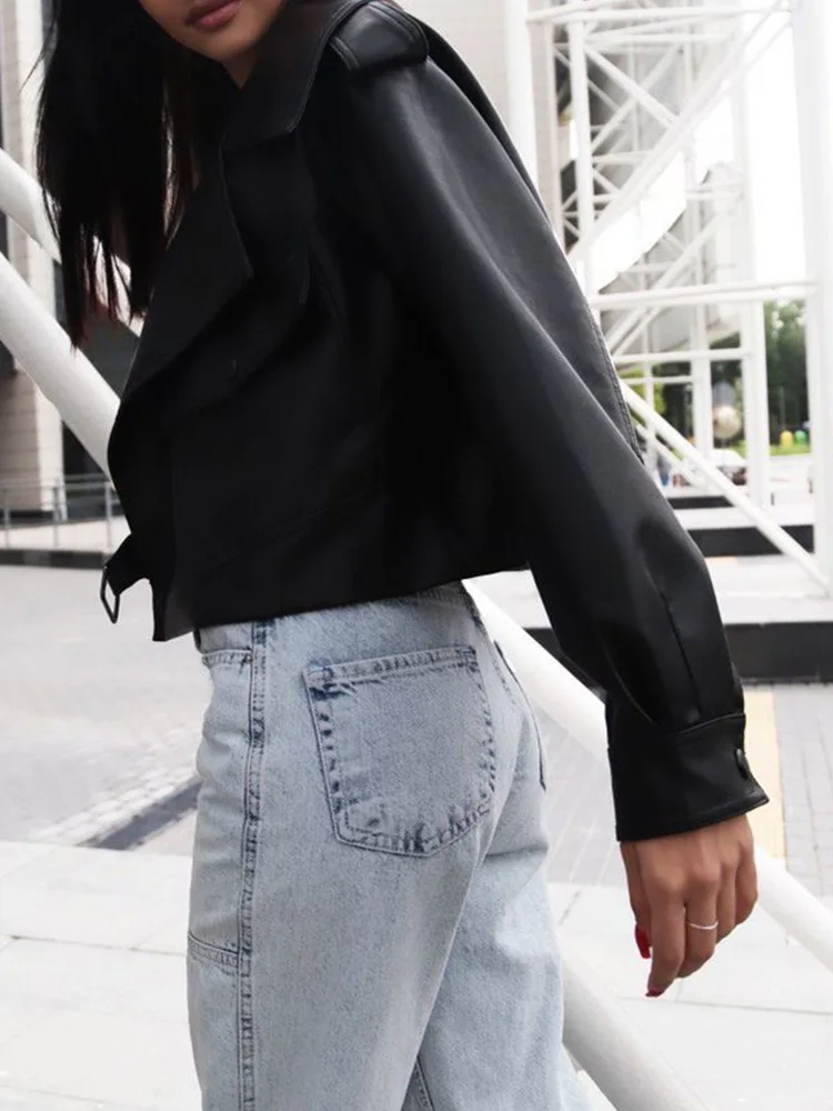 Ailegogo-Chaqueta corta de cuero sintético para mujer, abrigo holgado con bolsillos grandes, ropa de calle para motociclista, primavera y otoño