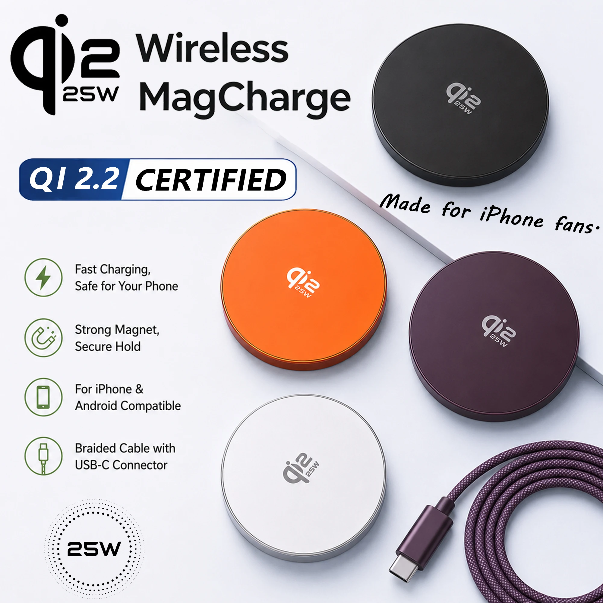 Cargadores Inalámbricos Qi2.2 de 25W con Carga Rápida por Inducción Magnética para Macsafe iPhone 17 16 15 ProMax ‌   Airpods Serie 5W Xiaomi Samsung