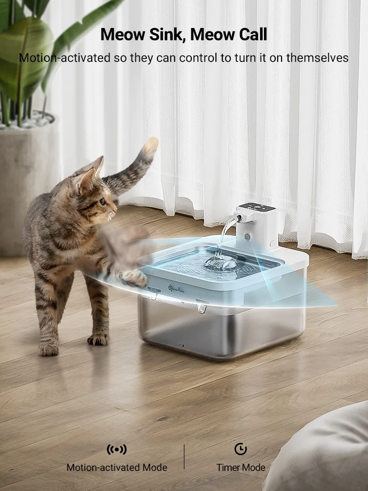 DownyPaws-fuente de agua automática de acero inoxidable para gatos, dispensador 2 en 1 de 2,5l, 4000mAh, inalámbrico, bebedero para mascotas, batería y Sensor