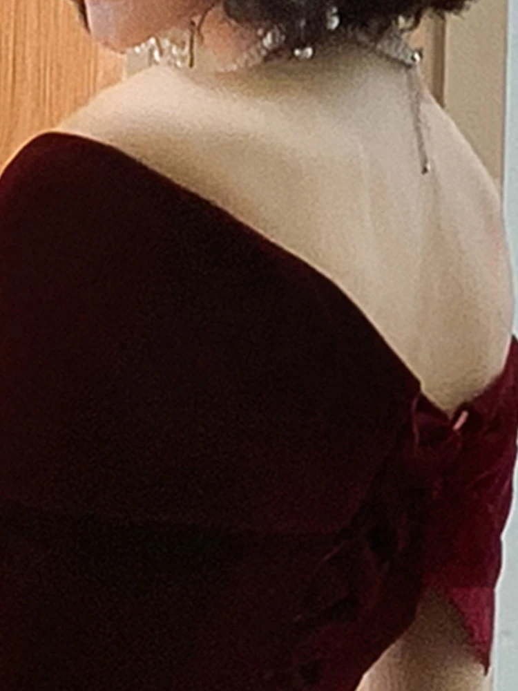 Lautaro primavera largo de lujo elegante vino rojo suave terciopelo fiesta de noche vestidos de boda para mujeres 2022 vestido Maxi con hombros descubiertos