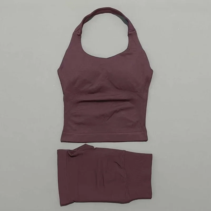 Conjunto Deportivo de 2 Piezas para Mujer, Top Halter con Tirantes, Shorts, Leggings Sin Costuras para Yoga, Gimnasio, Running y Fitness