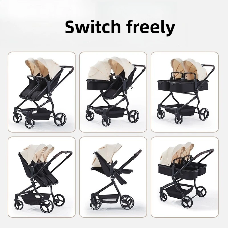 Cochecito Doble para Bebés con Asientos en Línea Recta, Envío desde la UE, Puede Usarse en Posiciones Sentadas o Reclinadas, Ultraligero, Portátil y Plegable para Viajes al Aire Libre