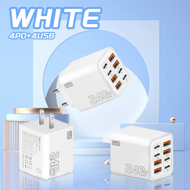Cargador Multi-Puerto Lenovo 2026 de 240W, Carga Súper Rápida para Smartphone, 4 Puertos USB y 4 Tipo-C, Adaptador para UE, EE. UU. y Reino Unido