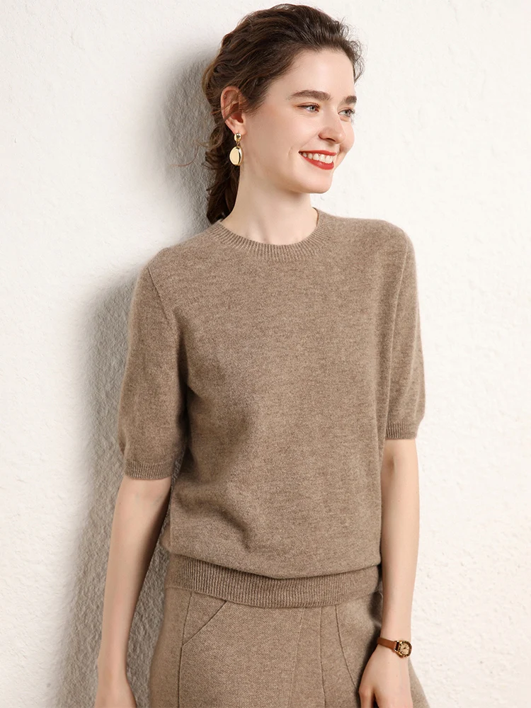 Suéter de cachemira de cabra con cuello redondo para mujer, camiseta, jersey de otoño e invierno, media manga, 100% de punto de Cachemira, Tops sólidos clásicos