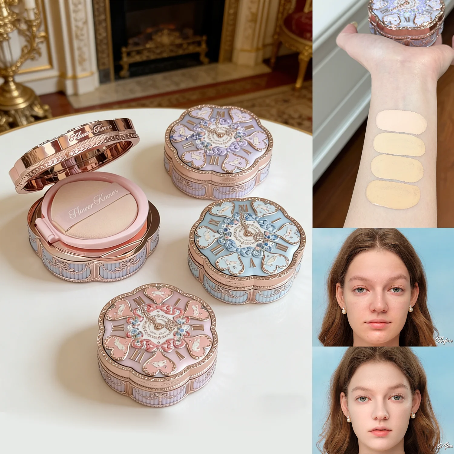 Flower Knows Base Cushion Bunny Garden Crema Hidratante Ligera Cobertura Perfecta Larga Duración Acabado Natural Piel Lisa Base Maquillaje Tendencia Soft Girl Regalo Belleza