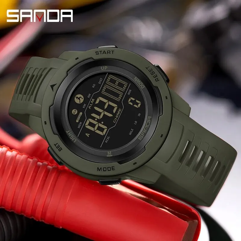 Reloj deportivo SANDA 2145 para hombre, podómetro y contador de calorías, reloj de pulsera militar digital LED resistente al agua hasta 50M, reloj masculino
