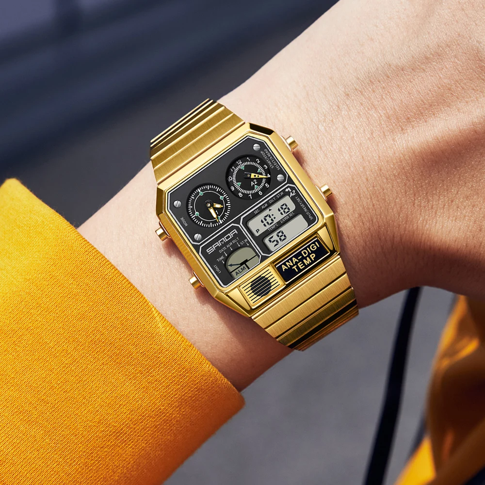 Reloj electrónico SANDA para hombre, reloj de pulsera Digital con banda cuadrada de acero, cronómetro de medición de temperatura, reloj multifuncional con sincronización