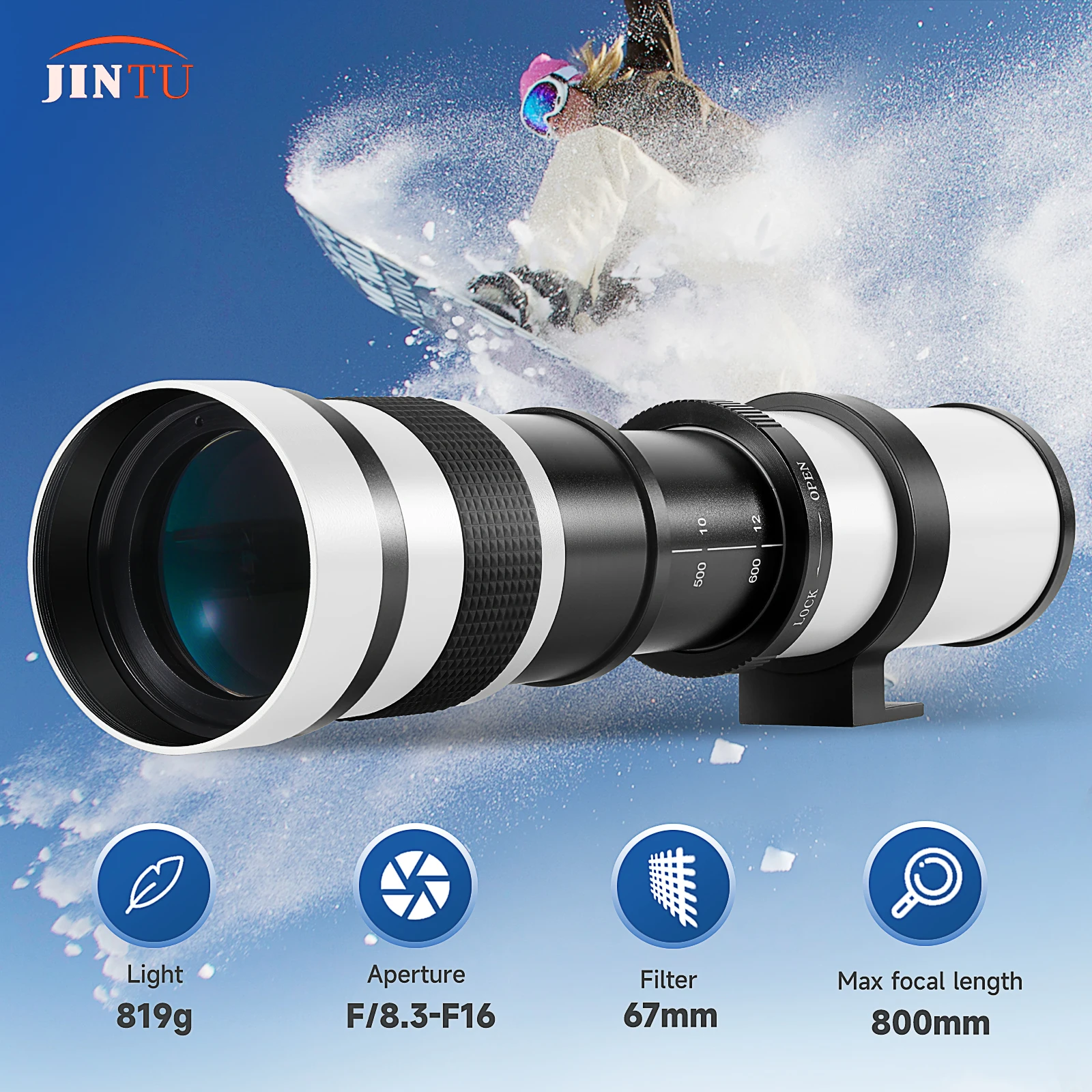 JINTU 420-800 mm F/8.3 Super teleobjetivo compatible con cámaras Canon NIKON SONY PENTAX M4/3