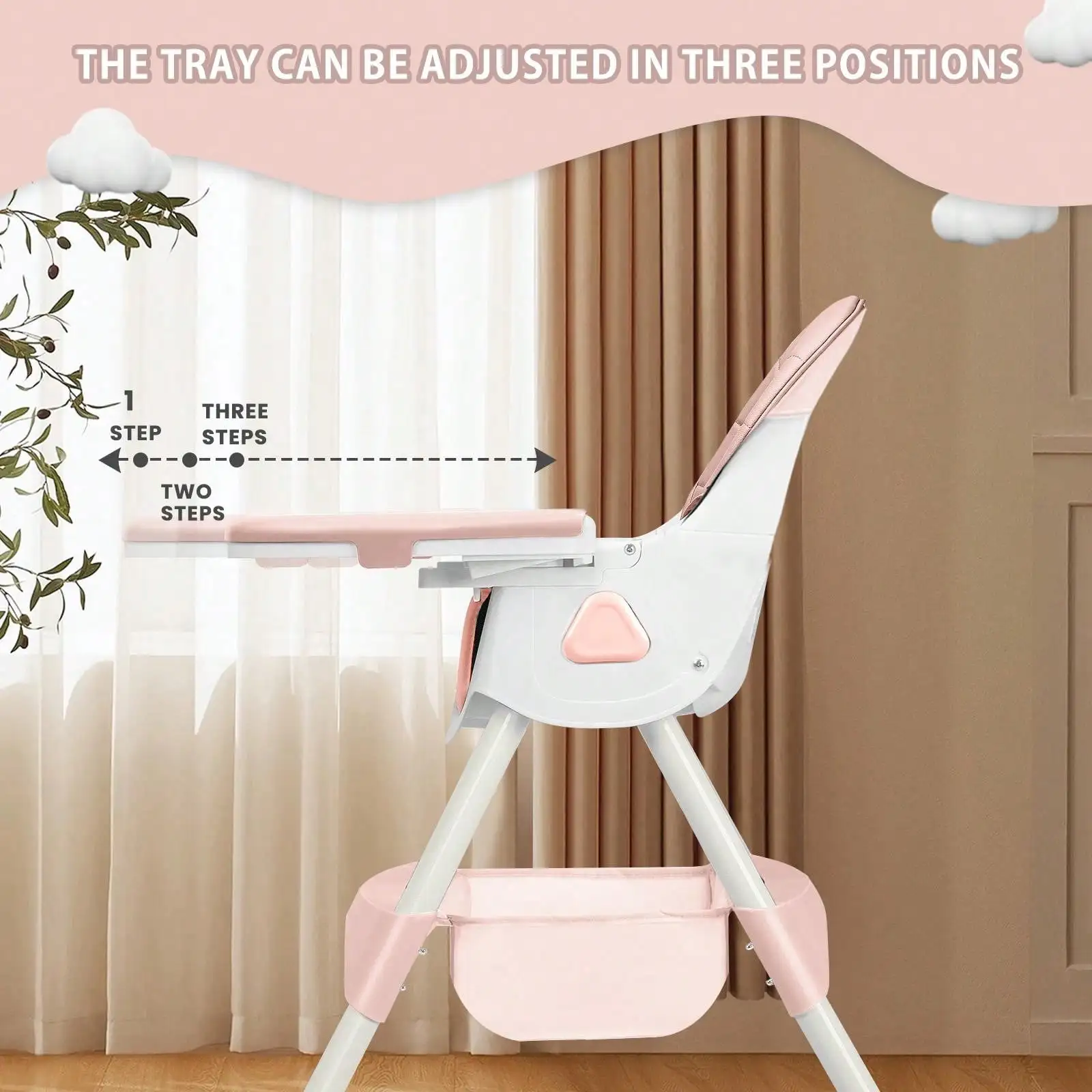Trona para bebé 3 en 1, trona plegable y ajustable para bebés con bandeja extraíble, cinturón de seguridad, reposapiés y ruedas