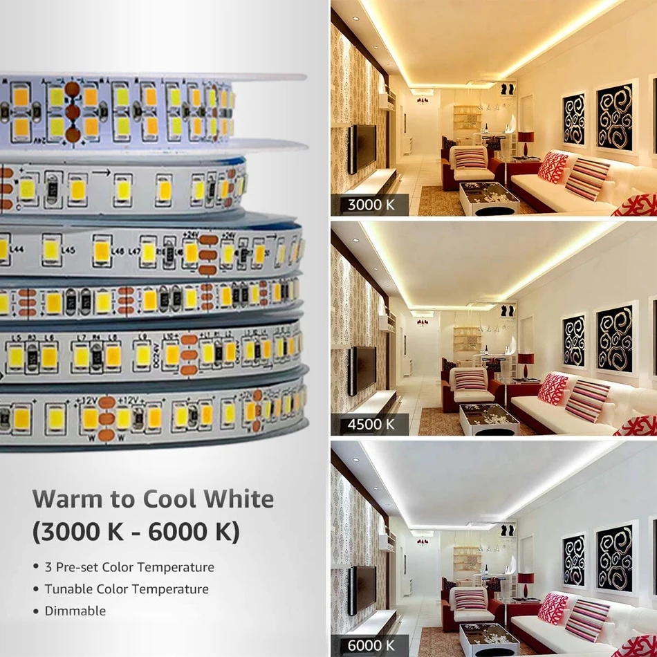 Tira de luces LED de doble Color 2835, CC de 5V, 12V, 24V, 120, 180, 240, 336 LED/M, 5MM, 8MM, 12MM de ancho, PCB, lámpara de barra CCT regulable CRI Flexible, 5M