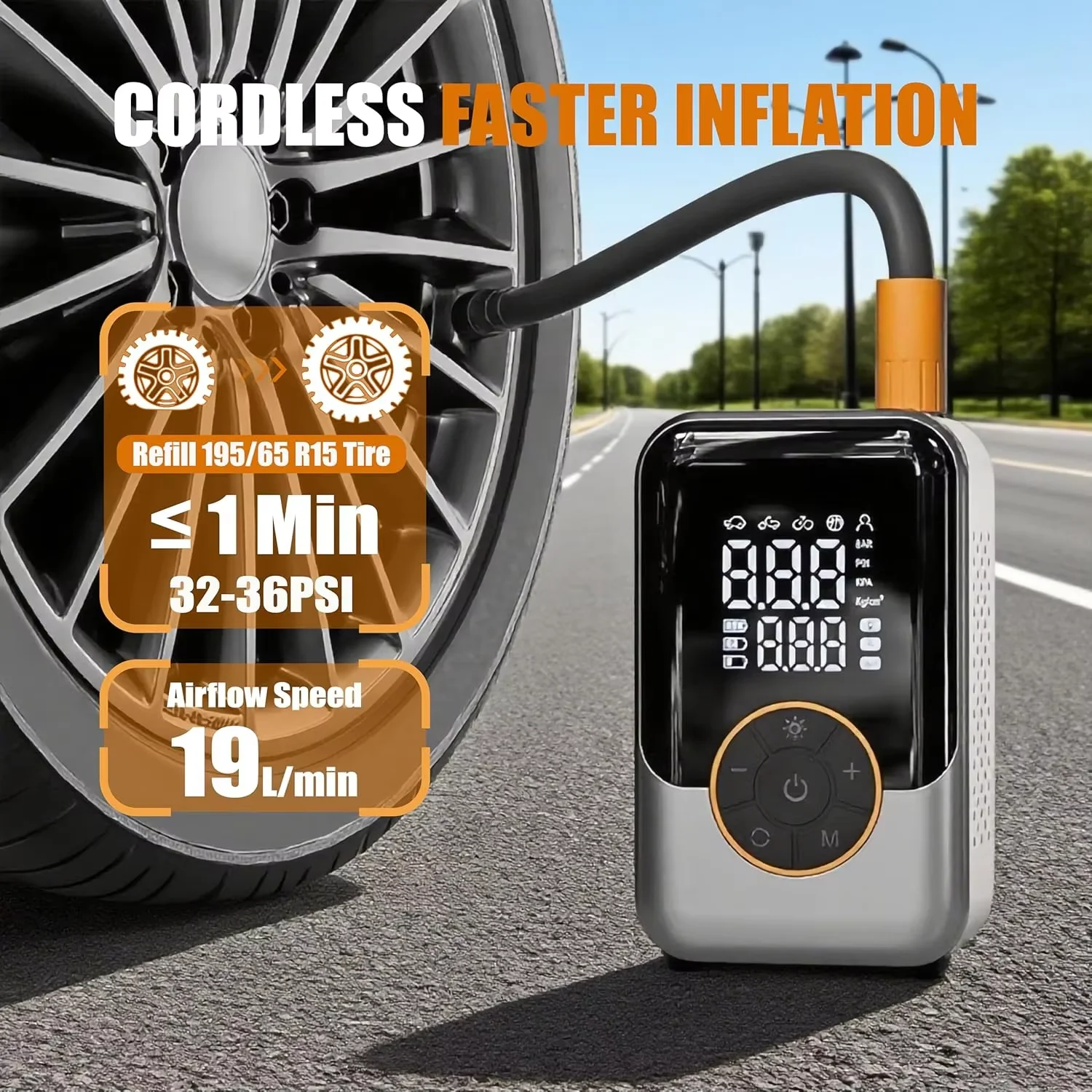 Bomba de aire portátil inalámbrica, inflador de neumáticos de coche, compresor de aire eléctrico con pantalla LCD, inyector de aire para bicicleta, coche, motocicleta, neumáticos y balones.