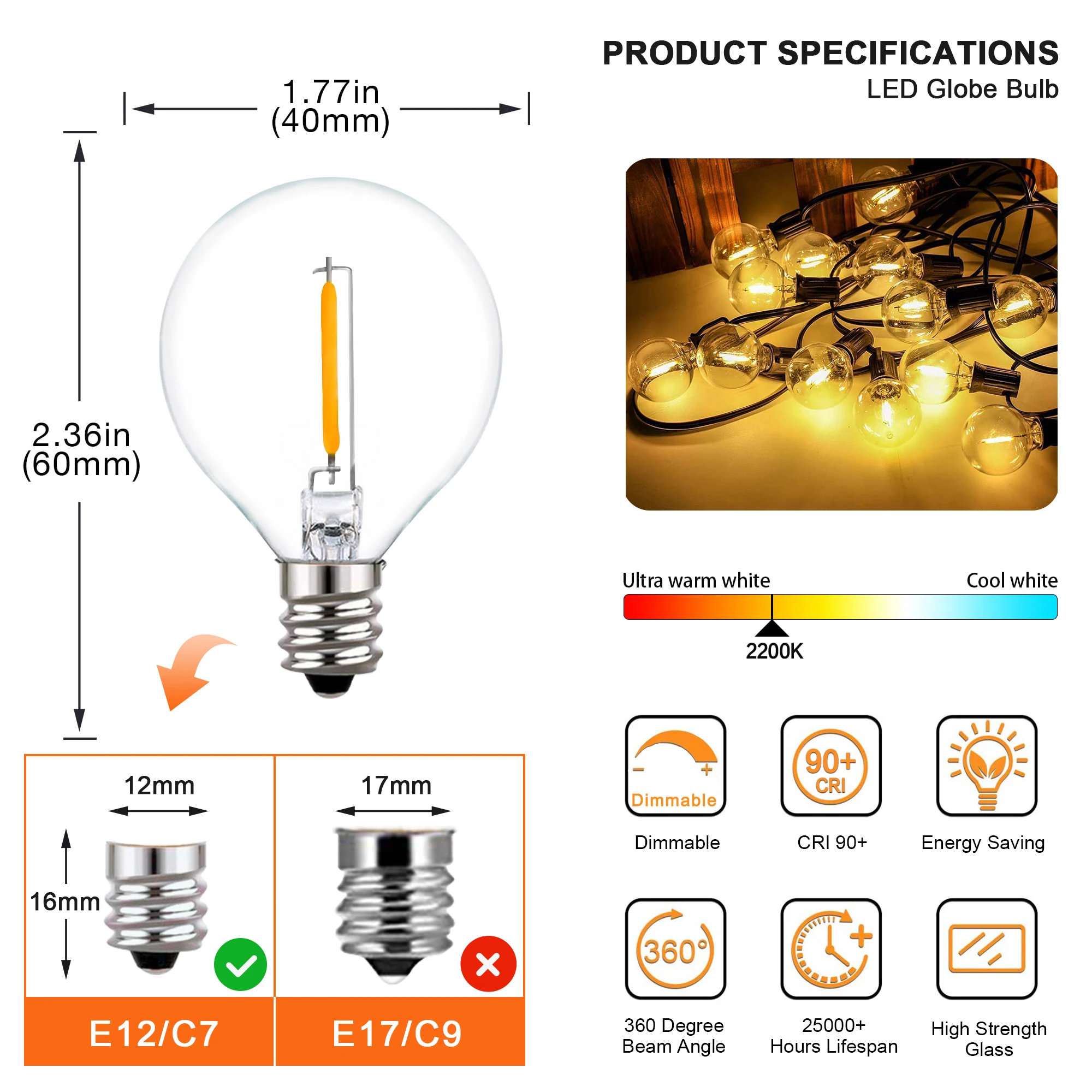 Guirnalda de luces de hadas G40 de 25 pies y 50 pies, bombillas de vidrio transparente para exteriores, enchufe E12, enchufe europeo, cadena de luces decorativas para Patio impermeable regulable
