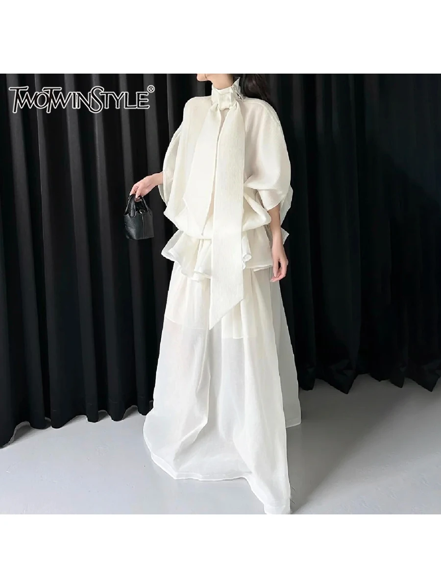 TWOTWINSTYLE, vestidos elegantes minimalistas sueltos para mujer, cuello alto, media manga, vestido elegante con pliegues de retales, ropa femenina nueva