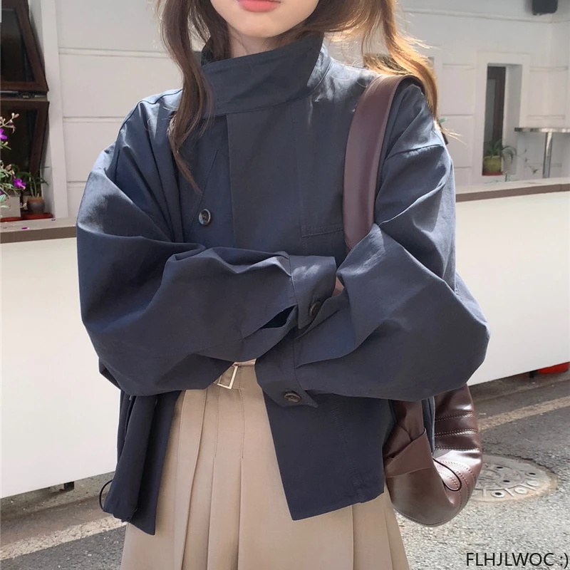 Prendas de Vestir exteriores cortas de Corea para mujer, abrigos informales holgados, Chic, de manga larga, mezclas de algodón, rompevientos Delgado
