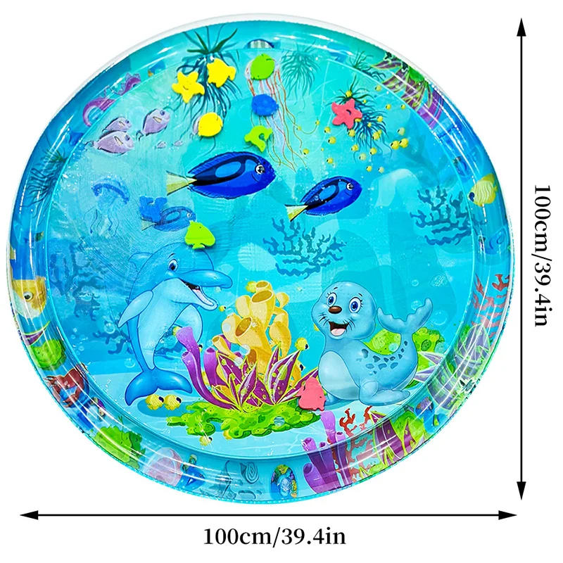Alfombra de agua grande para jugar al bebé, 100cm, patrón de sello de delfín, alfombra de juego redonda inflable de PVC, cojín, regalo para niños, 1 ud.