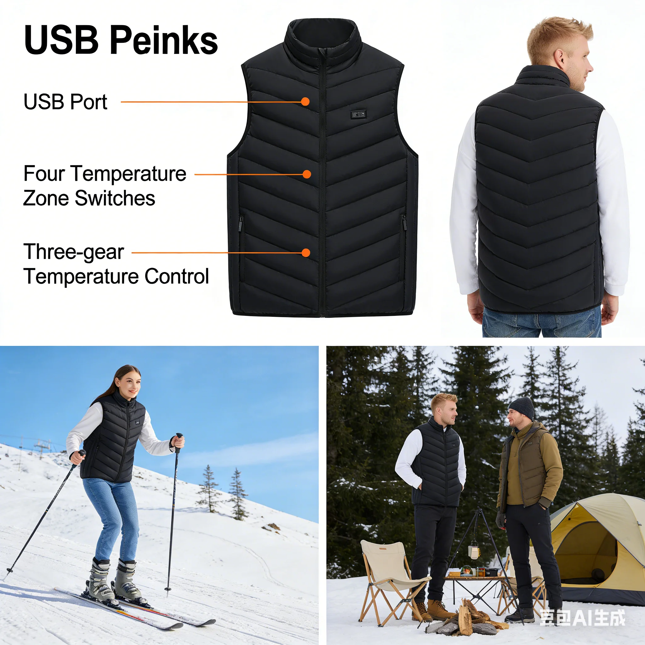 Chaleco Térmico Inteligente de Invierno con Calentamiento Rápido, 25 Zonas de Calor, 3 Ajustes de Temperatura, Control de 4 Zonas, Puerto USB para Hombres, para Actividades al Aire Libre