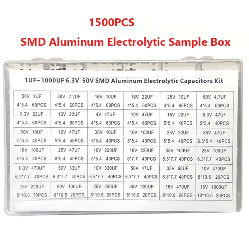 Condensadores electrolíticos de aluminio, Chip SMD de 1500 piezas, caja de muestra de 36 valores, condensadores electrolíticos de aluminio 1UF ~ 1000UF 4V-60V
