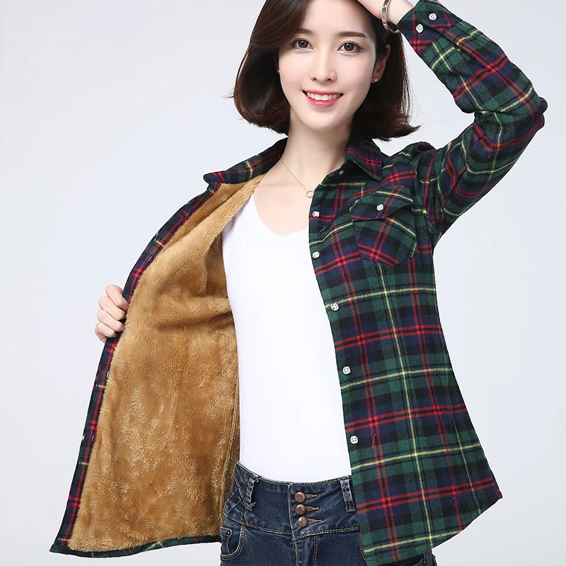 2025 invierno nueva camisa a cuadros cálida para mujer abrigo Casual polar terciopelo más chaqueta gruesa Tops estilo universitario ropa de mujer prendas de vestir exteriores