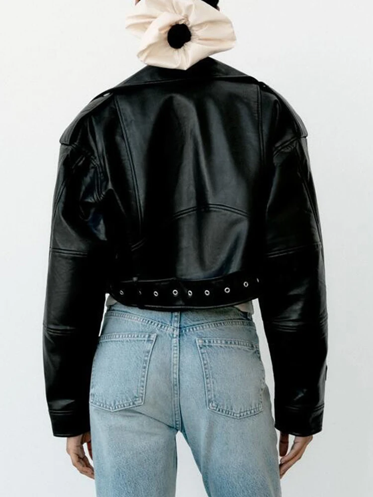 Ailegogo primavera otoño mujer imitación Pu Chaqueta corta de cuero con cinturón motocicleta motociclista mujer cremallera solapa abrigo suelto prendas de vestir