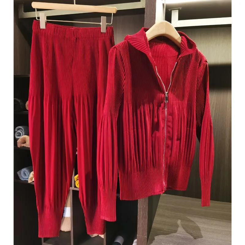 Conjunto de Chaqueta Plisada Miyake 2026 para Mujer, Chaqueta con Capucha Informal y Versátil, Pantalones Harlan Elásticos, Conjunto de 2 Piezas para el Día a Día