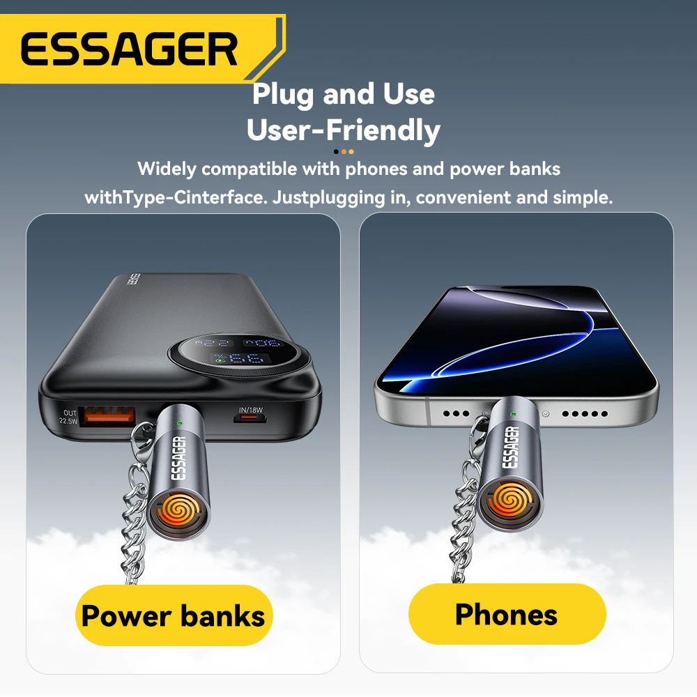 Essager-Mini encendedor tipo C, alambre de tungsteno, sin llama, seguro, ahorro de energía, se puede llevar en el avión, USB-C Compatible con OTG