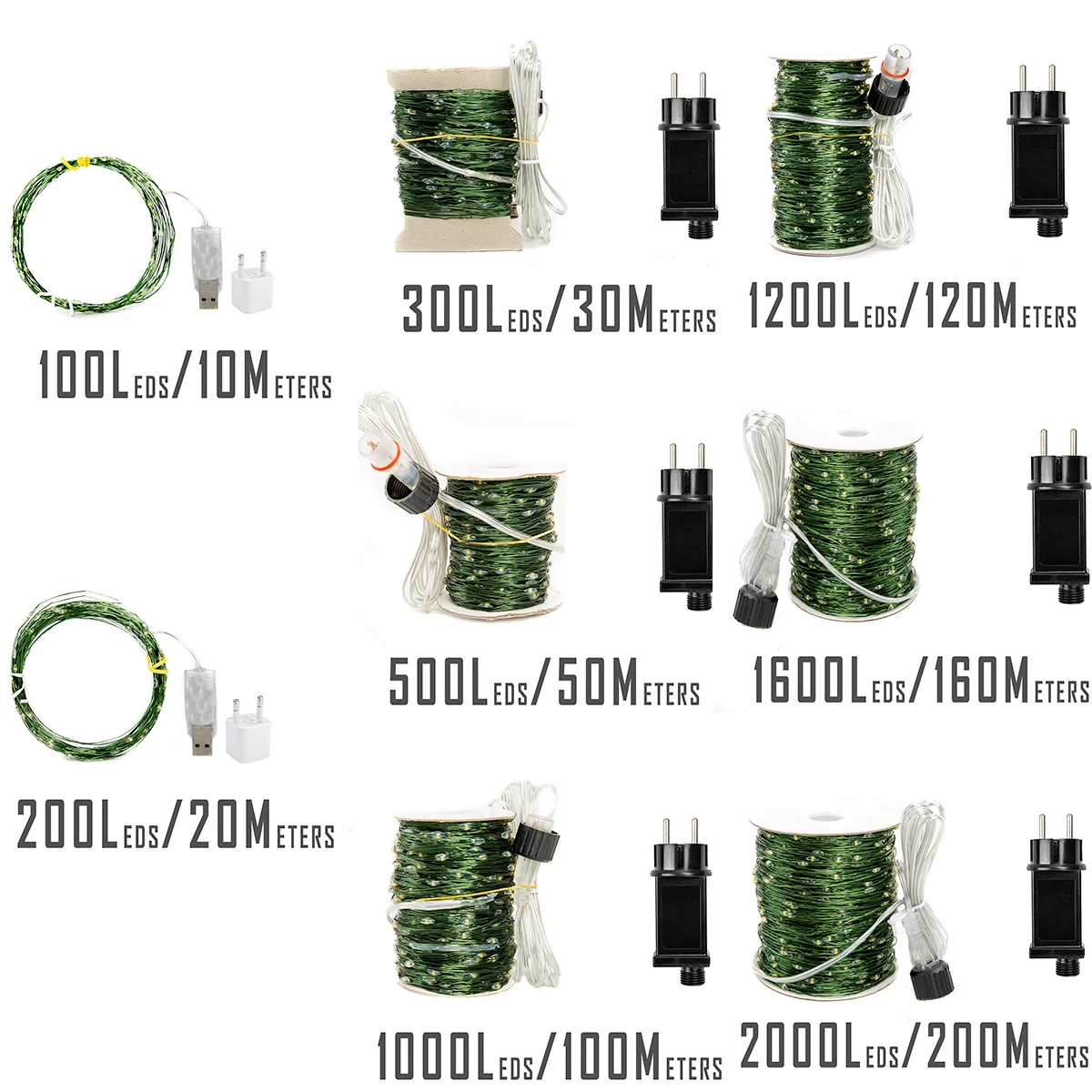 Guirnalda de luces LED con Cable verde, guirnaldas navideñas para exteriores, guirnalda de árbol impermeable, decoración navideña para vacaciones