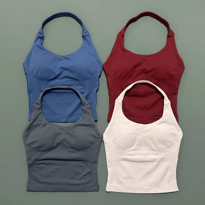 Histello-Top de tiras palangre para mujer, camiseta sin mangas deportiva con cuello Halter, sin costuras, fruncido, sin espalda, ropa deportiva para gimnasio, entrenamiento, Yoga, Fitness