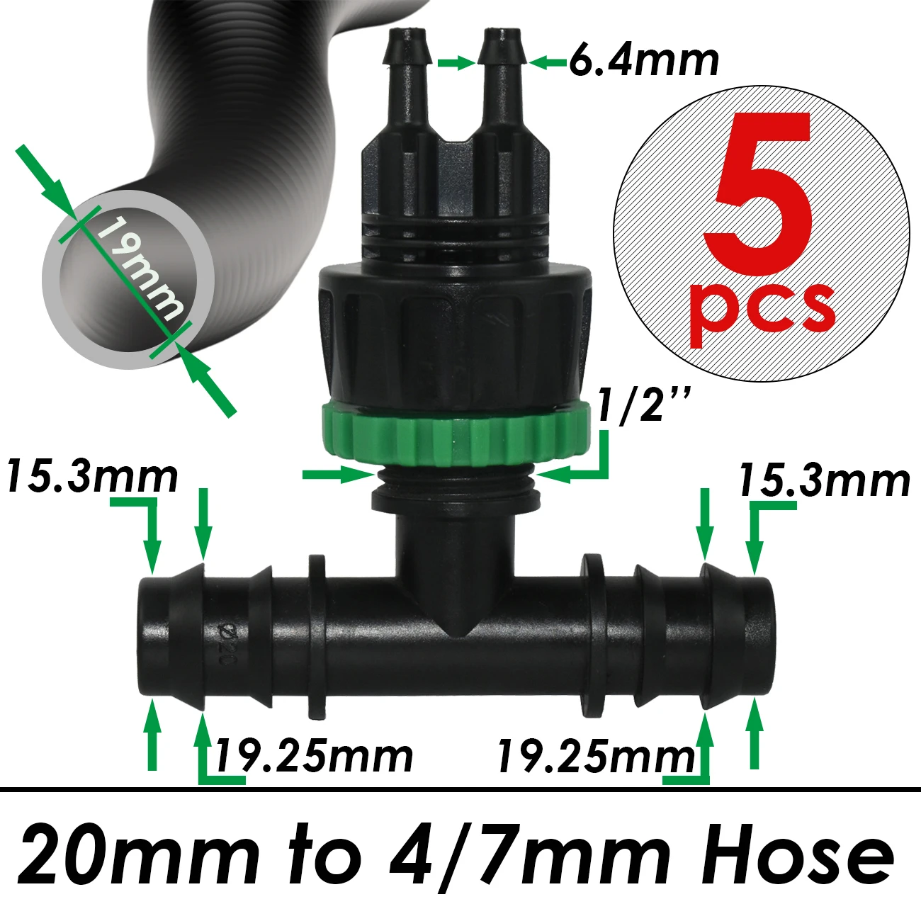 KESLA 5 uds 1/2 3/4 1 ''tubo de PE 16mm 20mm 25mm conector divisor Acoplamiento en T a 4/7mm 1/4 manguera riego de jardín riego por goteo