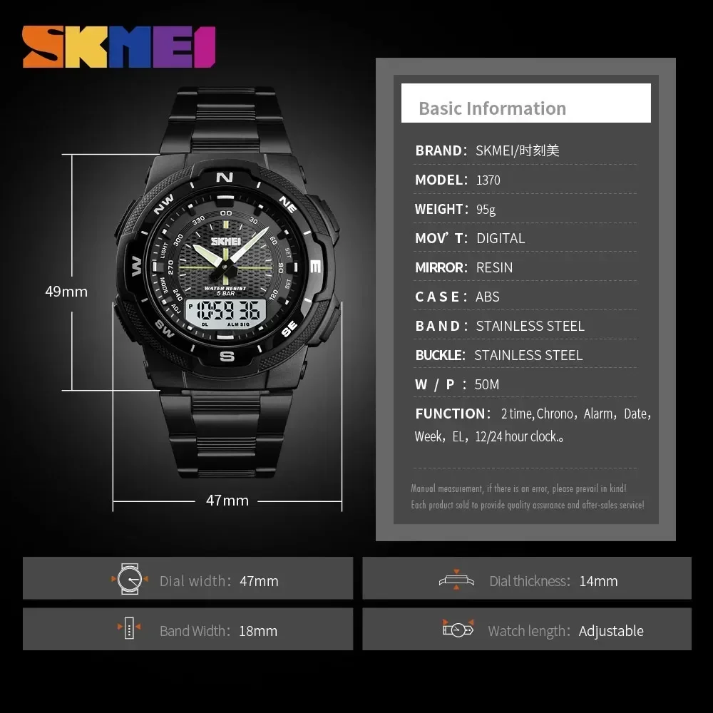 Reloj SKMEI 1370 de lujo de acero resistente al agua para negocios, reloj Masculino, reloj deportivo de cuarzo a la moda para hombre, relojes para hombre