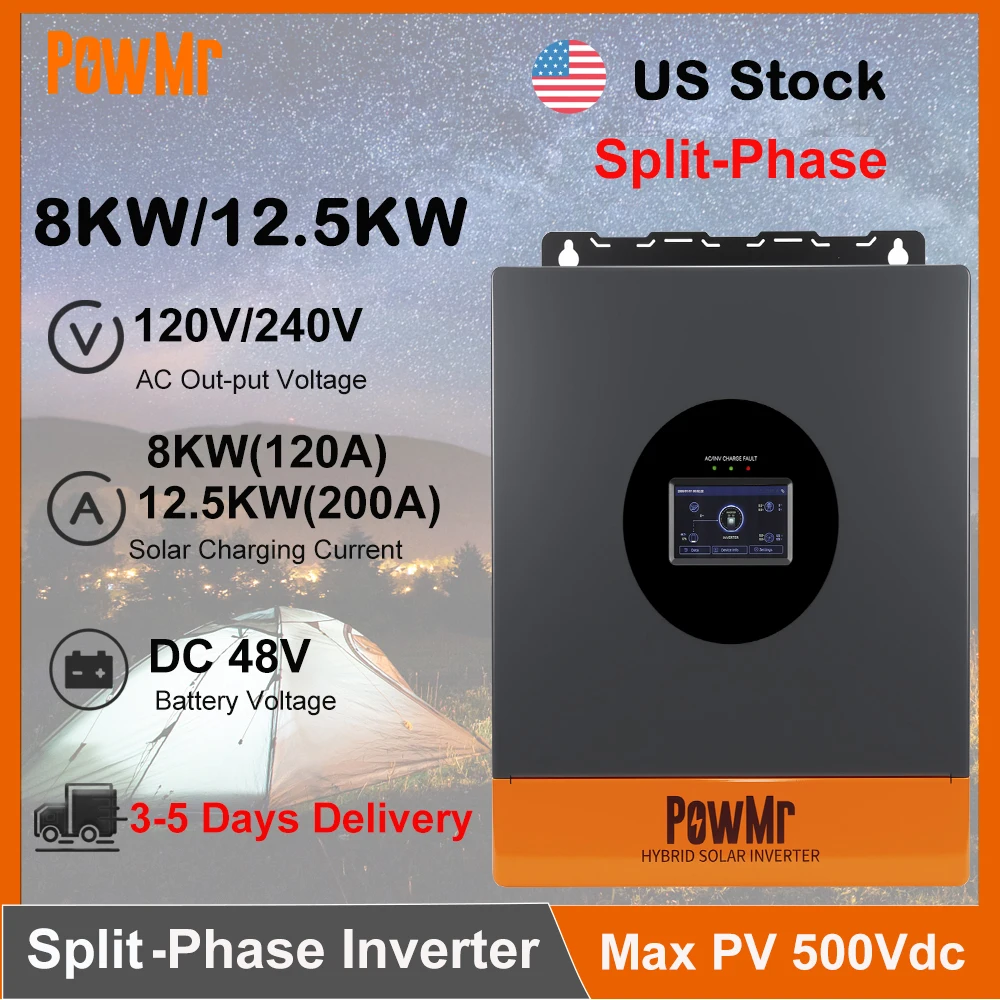 Inversor Solar de Fase Dividida PowMr 8KW 12.5KW DC 48V a 120V 240V AC con Cargador Solar MPPT, Onda Sinusoidal Pura, Inversor Fuera de Red para Hogar, Compatible con Baterías de Litio