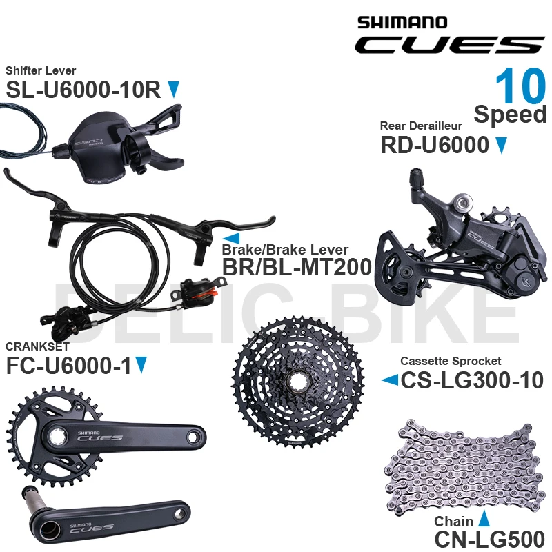 SHIMANO-CUES U6000 Groupset, SL-U6000-10R, RD-U6000, FC-U6000-1, CS-LG300, CS-LG400, MT200, freno de disco, piezas originales