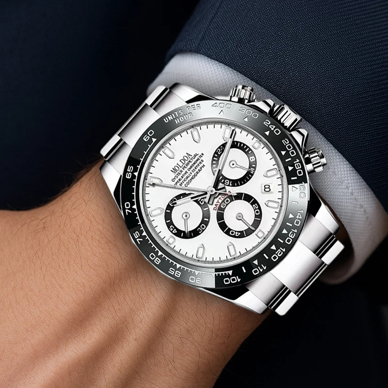 Reloj de cuarzo multifuncional moderno de acero inoxidable plateado para hombre con pantalla de puntos y líneas