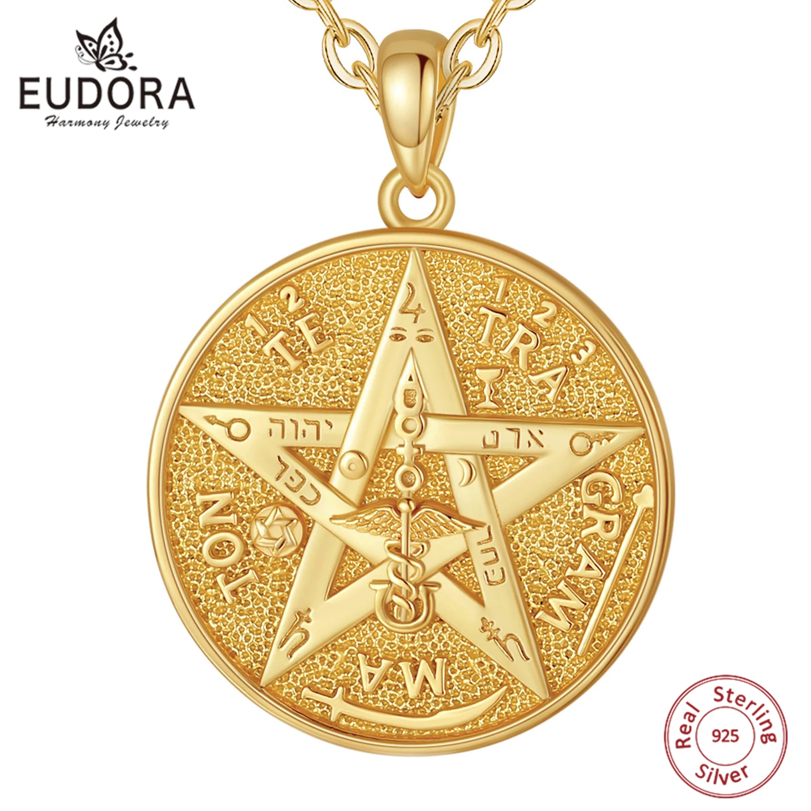 Eudora-collares de plata de ley 925 con runas de pentagrama para mujer y hombre, amuleto de oro de 18 quilates, colgante de tetragrammaton de estrella guardián, regalo