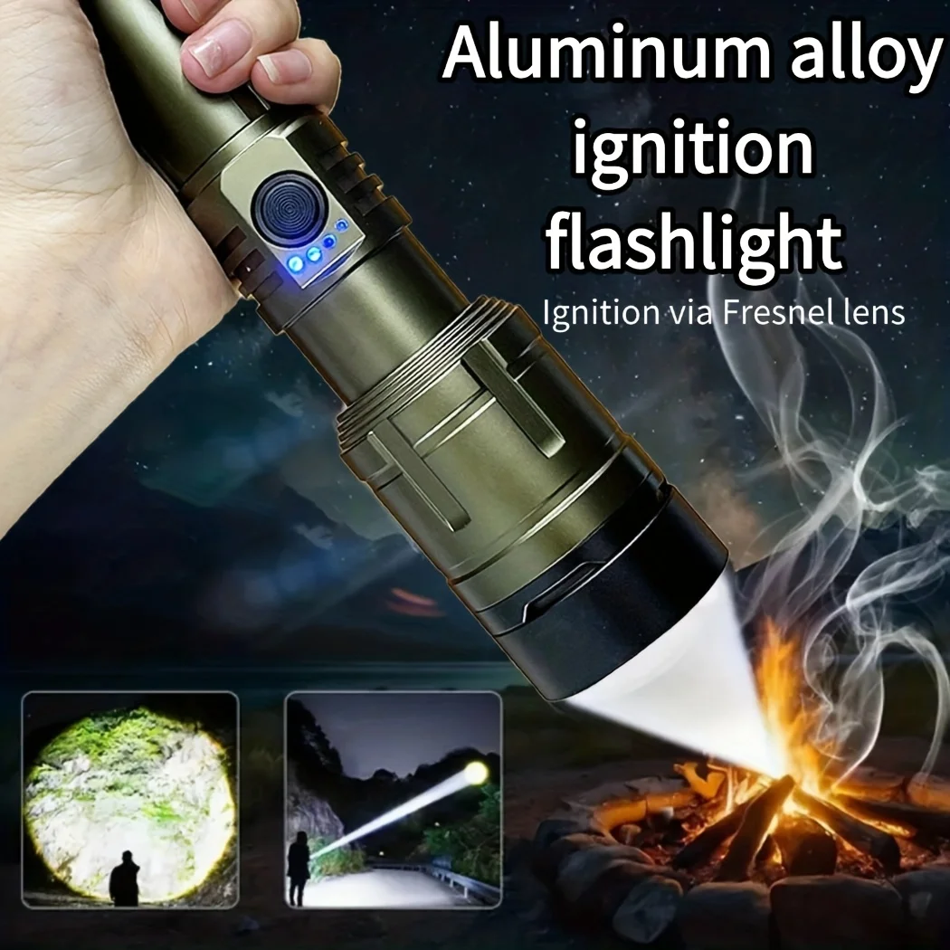 Combo de linterna, encendedor y banco de energía, recargable, haz súper brillante con zoom, linterna de 5 modos para emergencias de acampada al aire libre