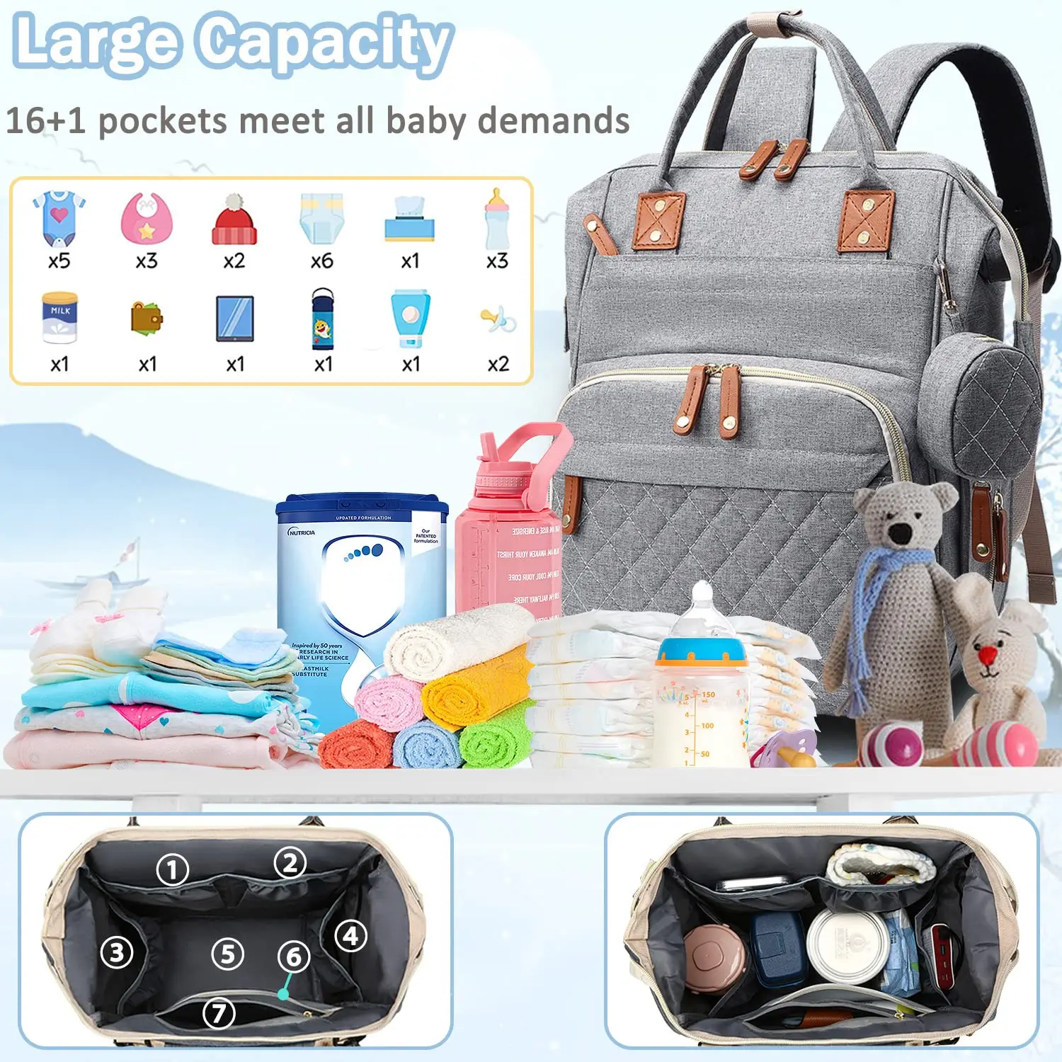 Bolsa de pañales Mochila Bolsa de bebé, Bolsa de pañales para bebé niña niño para papá mamá con almohadilla, Bolsas de pañales grandes de viaje con estuche para chupete