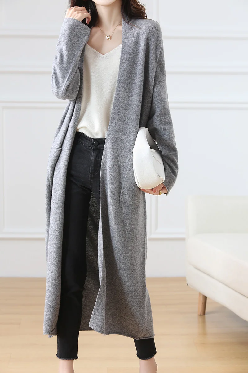 Gran oferta Otoño Invierno nuevo cárdigan de lana de 100% suéter de mujer con cuello en V sólido moda larga femenina suelta suave abrigo de punto de gran tamaño
