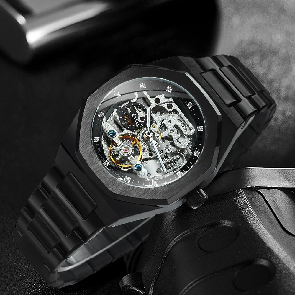 Reloj Mecánico Automático Informal Forsining para Hombre, Manecillas Luminosas, Correa de Acero Inoxidable, Reloj de Pulsera de Lujo con Esqueleto