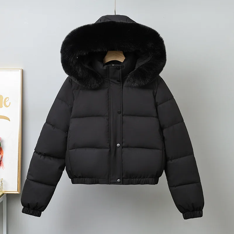 Parkas cortas de invierno para mujer, ropa acolchada de algodón, prendas de vestir exteriores gruesas de terciopelo, abrigos con capucha extraíbles con Cuello de piel, chaquetas cálidas
