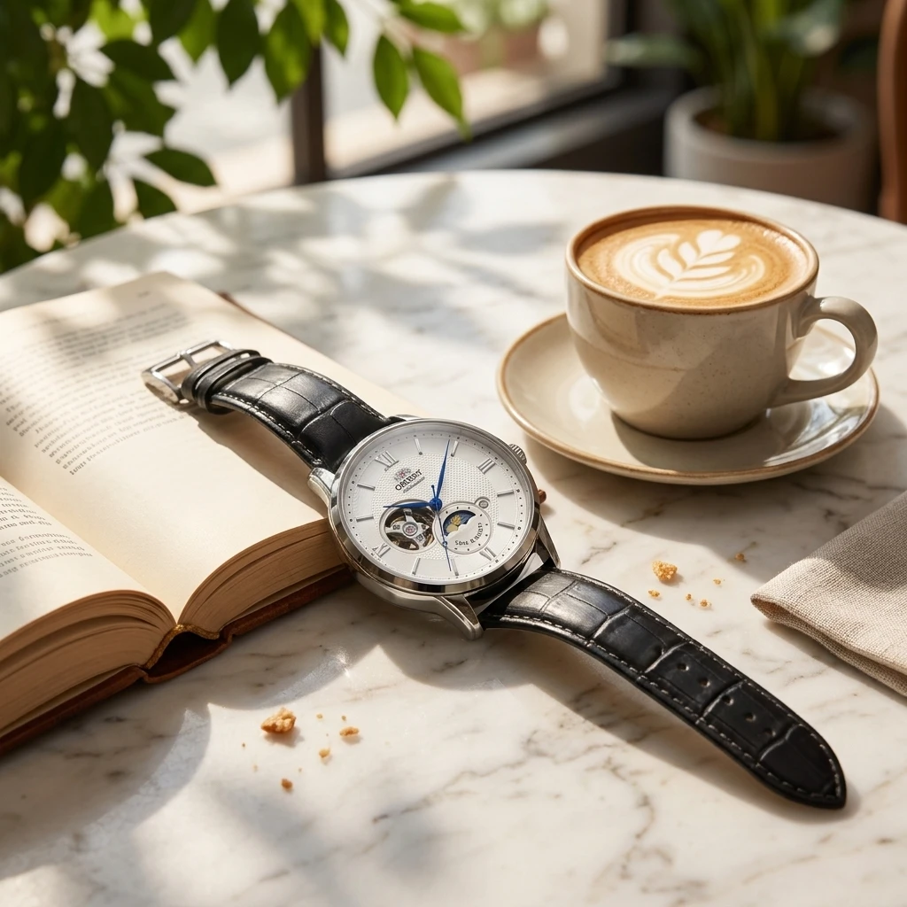 Reloj Mecánico Automático Orient para Hombre, Fase Solar y Lunar, Esfera Esqueletizada, Correa de Cuero con Textura de Cocodrilo, Reloj de Pulsera para Caballero de Negocios
