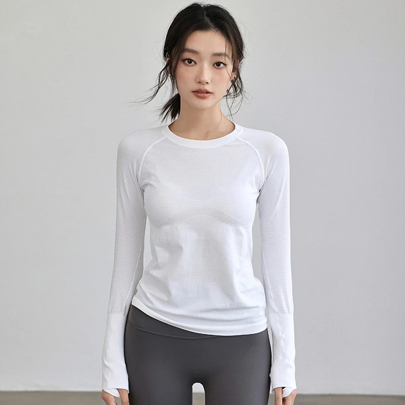 Camiseta deportiva ajustada de manga larga para Yoga para mujer, camiseta de entrenamiento de Pilates sin costuras elástica transpirable, camiseta para correr y Fitness