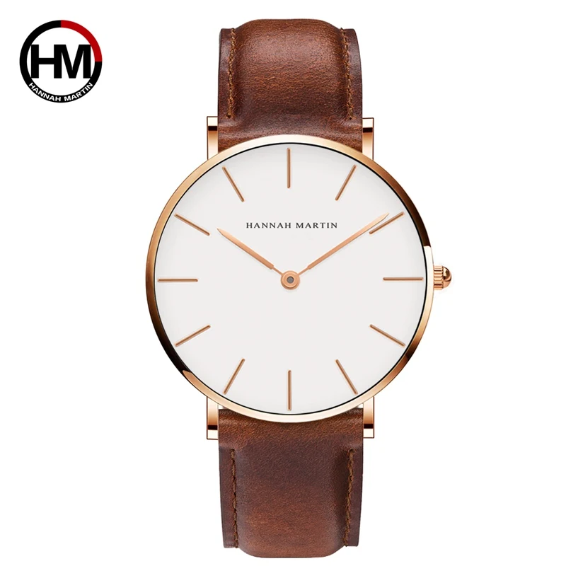Reloj Hannah Martin de alta calidad para hombre, relojes de pulsera de cuarzo japonés a la moda, reloj resistente al agua con movimiento de cuarzo de cuero marrón plateado