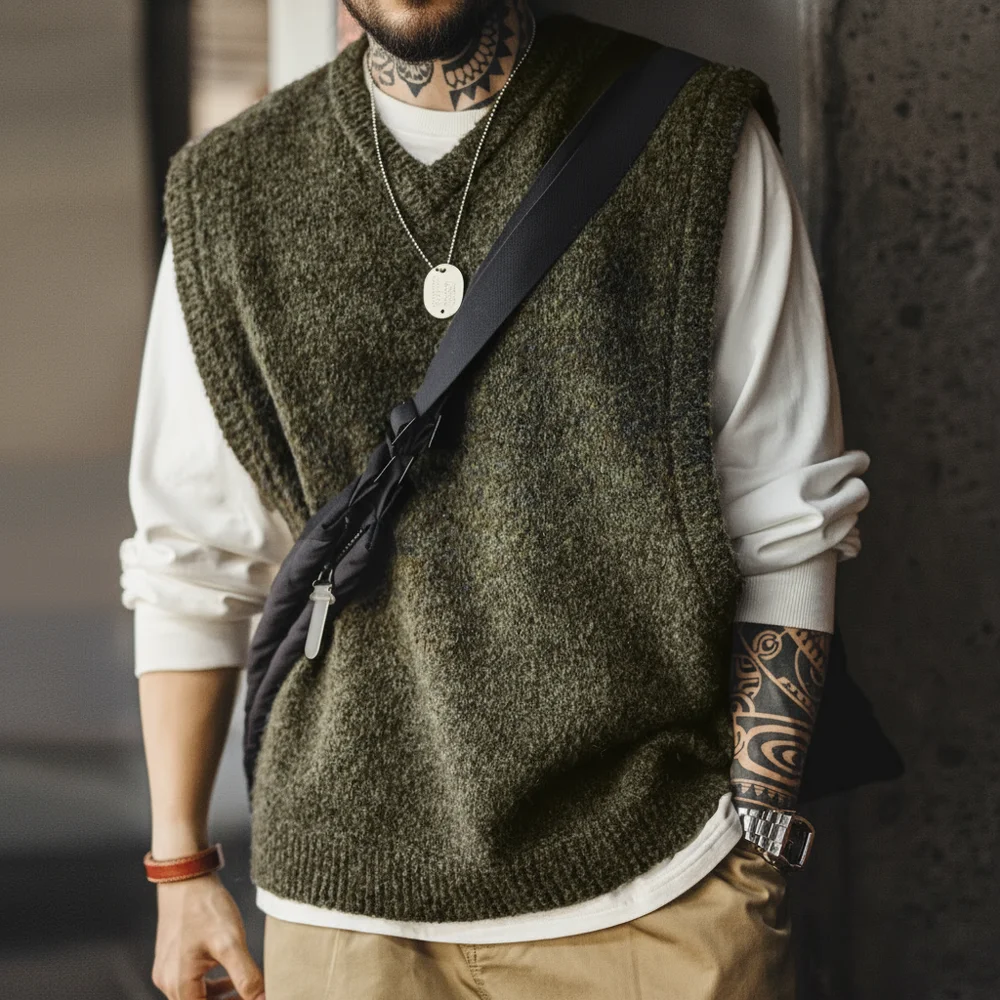 Chaleco de Punto Retro Maden con Cuello en V, Mezcla de Lana, para Usar en Capas, Chaleco sin Mangas Cálido para Hombre, Otoño Invierno, Prendas de Punto